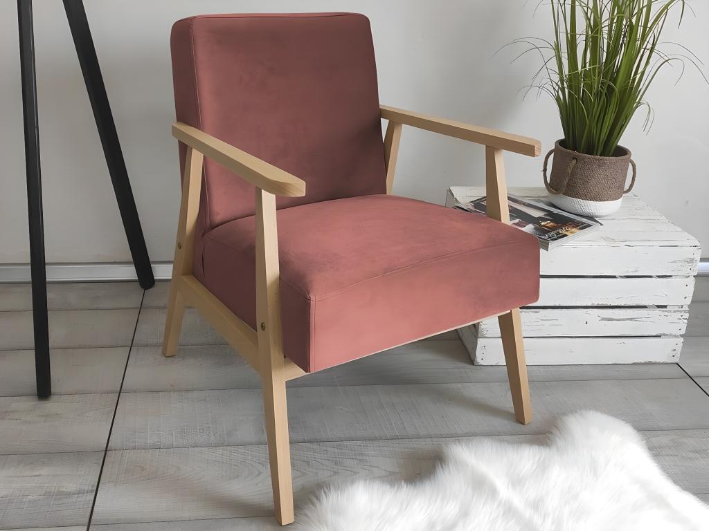 Sillón Clovis 100, Rosa, 76x59x67cm, Tapiz, Patas: Madera