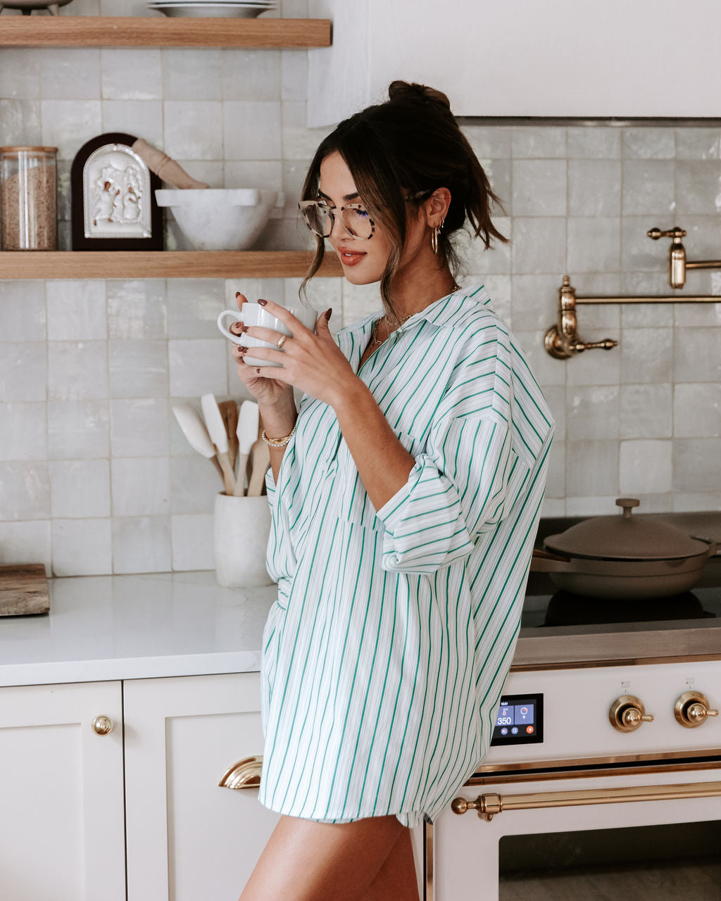 Dusk Till Dawn Striped Button Down Top - Green - Se7enfashion