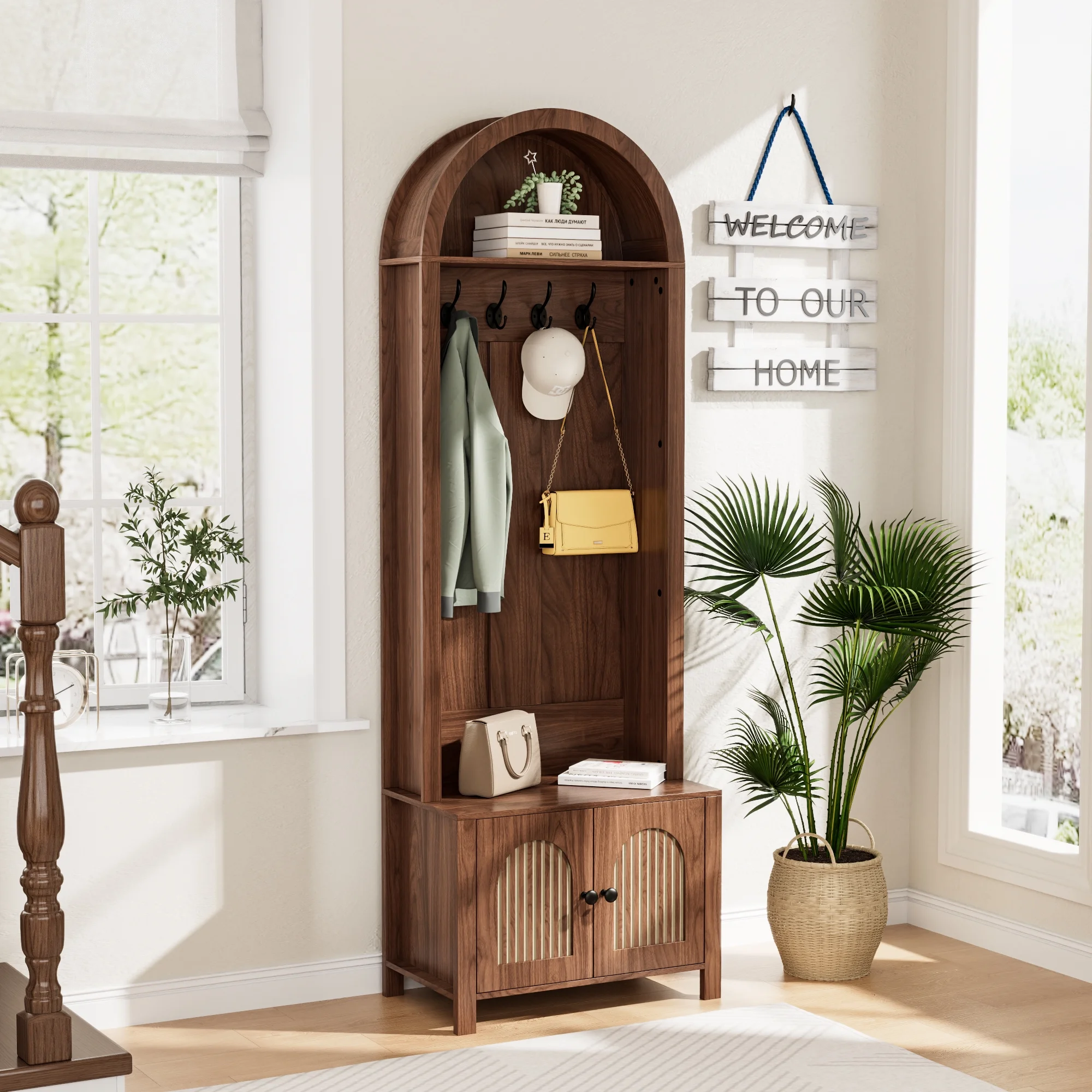 LUCKYELF Hall Tree with Shoe Storage, Entryway Bench with 4 Hooks and 2 Doors, Arch Coat Rack Cabinet for Hallway - Image 6