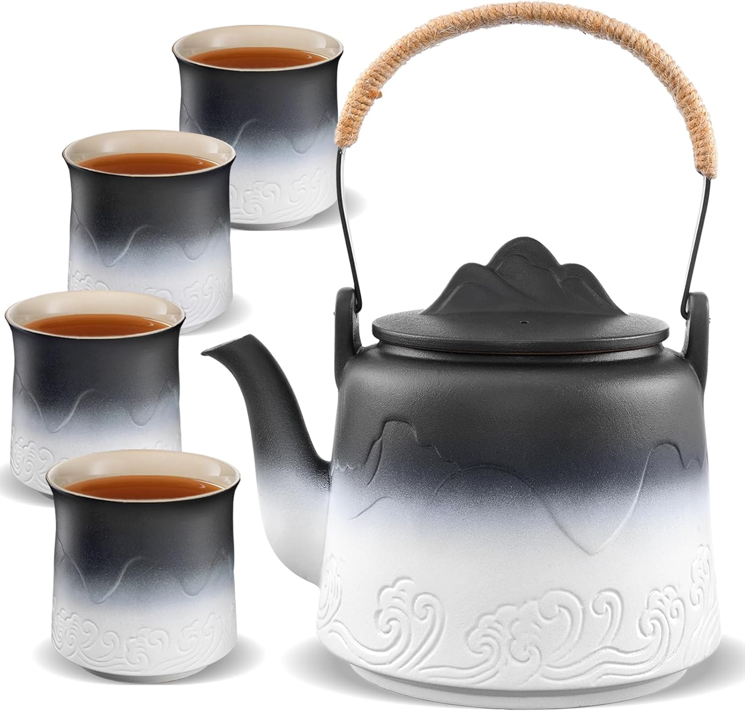 ZENS Vintage Japanese Tea Set with 4 Tea Cups, 33.8 oz Embossed Ceramic Loose Leaf Teapot with Built-in Strainers for Tea Steeper, Hemp Rope Handle Gradient Japanese Tea Pot for Tea Lovers Gifts