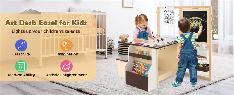 Eletriclife Kids Wooden Art Center Easel with Adjustable Double-Sided Blackboard & Whiteboard