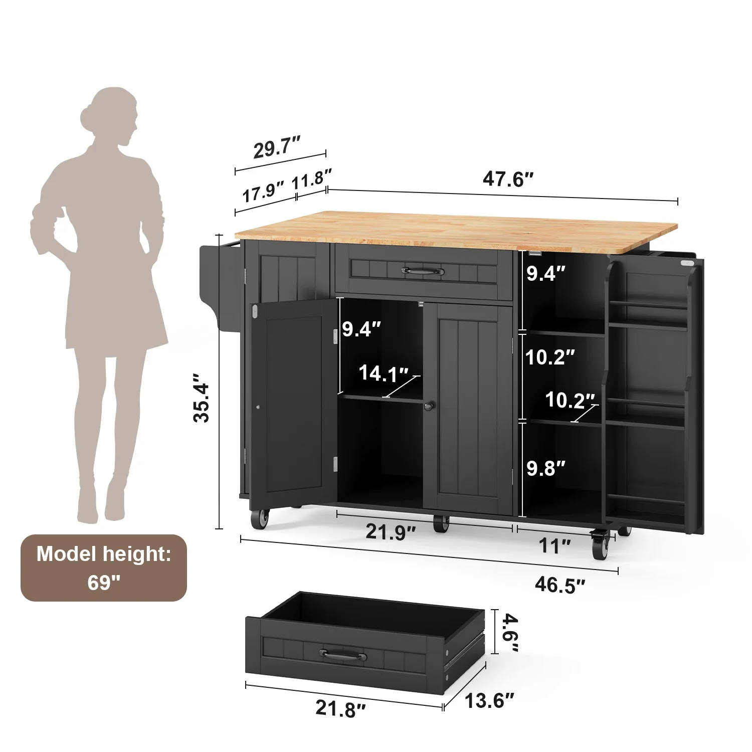 Noelse Kitchen Island with Storage, Island Table for Kitchen with Drop Leaf, Spice Rack, Towel Bar for Small Kitchens, White - Image 35
