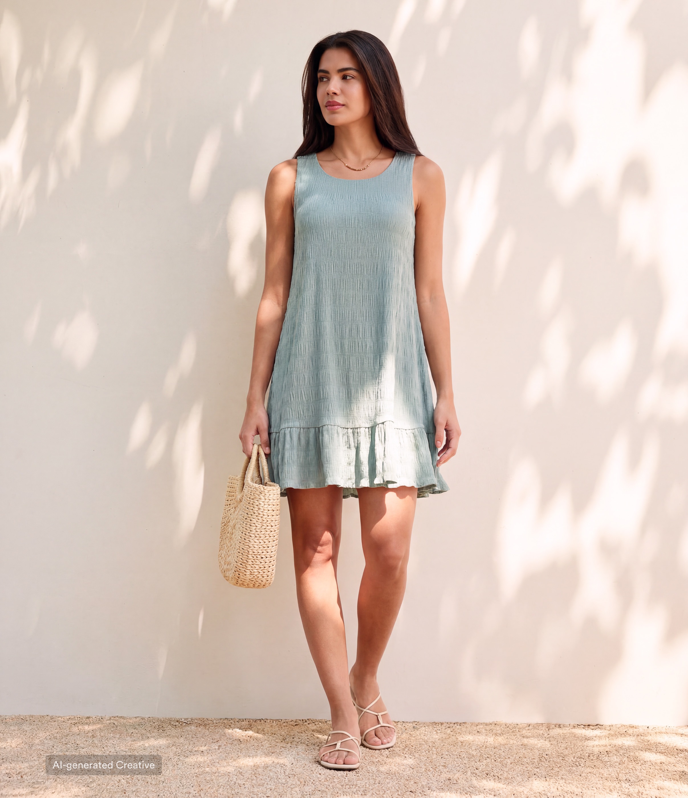 Round Neck Built-in Bra Sleeveless Ruffle Hem Mini Casual Dress