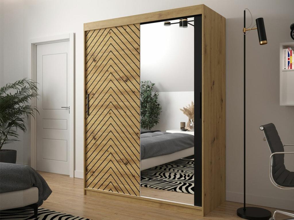 Armario Confortzx 311 - Roble Artisan - Negro - 200x150x62cm - Puertas de armario Correderas