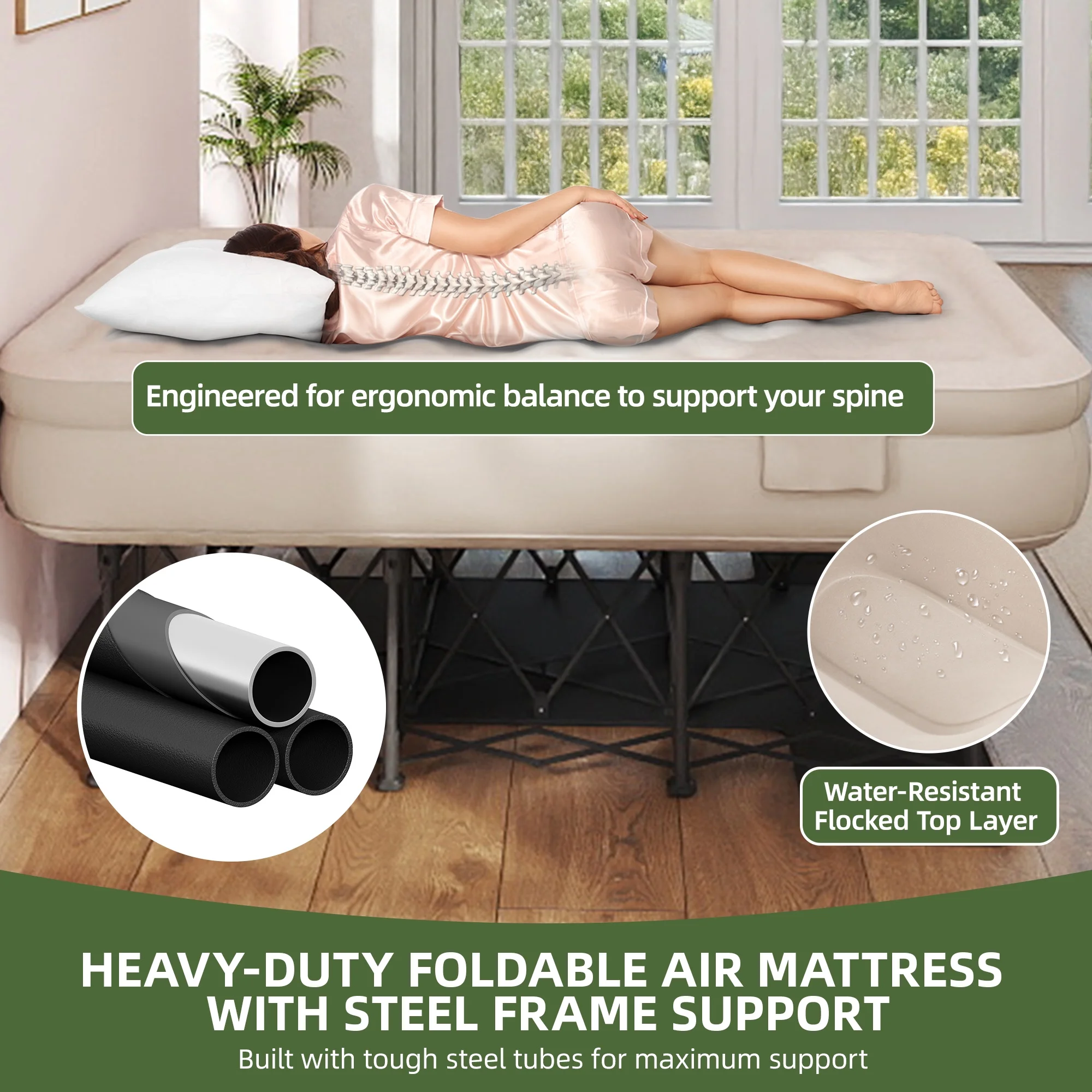 Uforic Inflatable Queen Air Mattress with Built-in Pump, Frame, Velvet Surface & Portable Storage Case, Khaki - Image 5