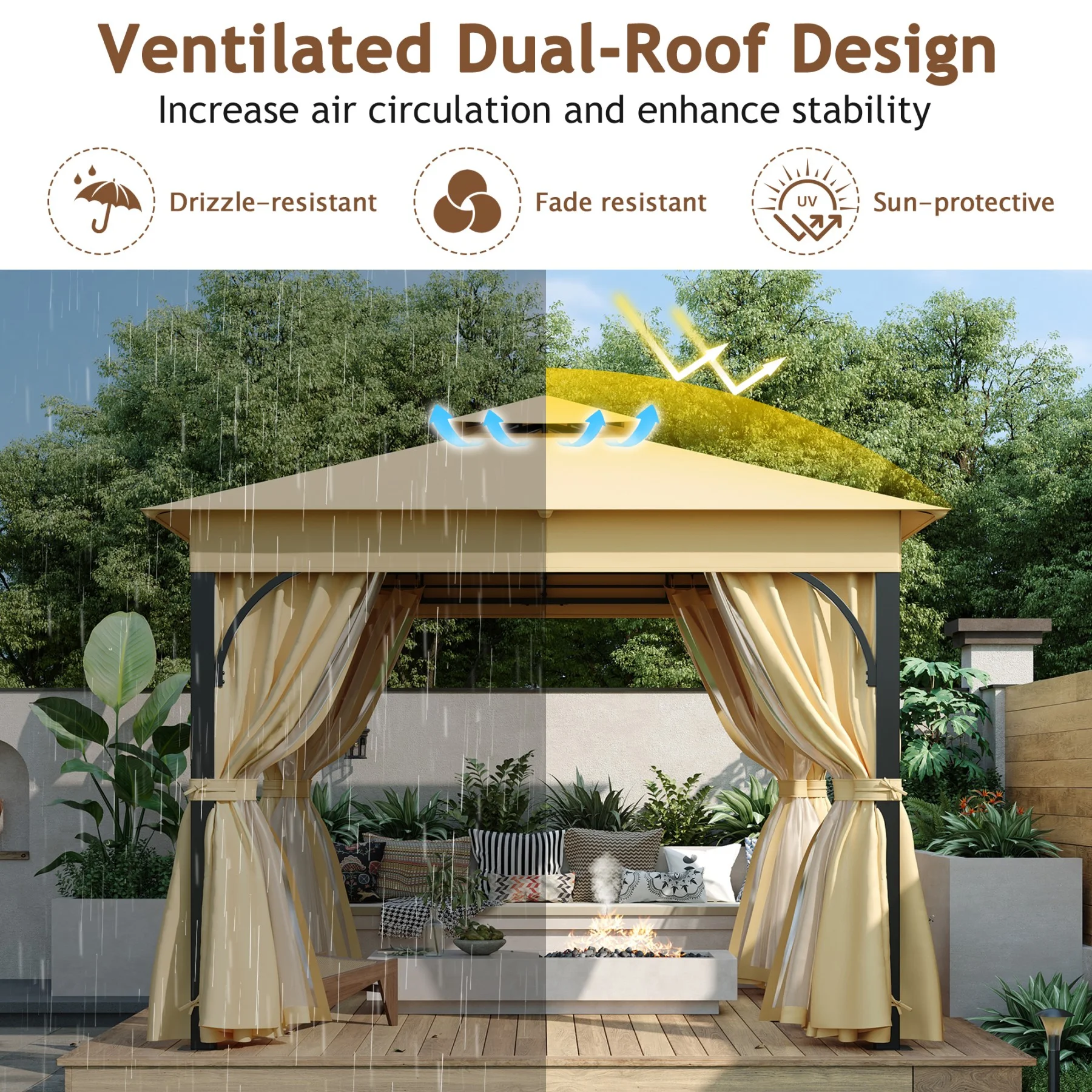10'x10' Outdoor Gazebo,Patio Gazebo with Mosquito Netting and Privacy Screens for Backyard, Garden, Lawn and Deck,Grey - Image 12