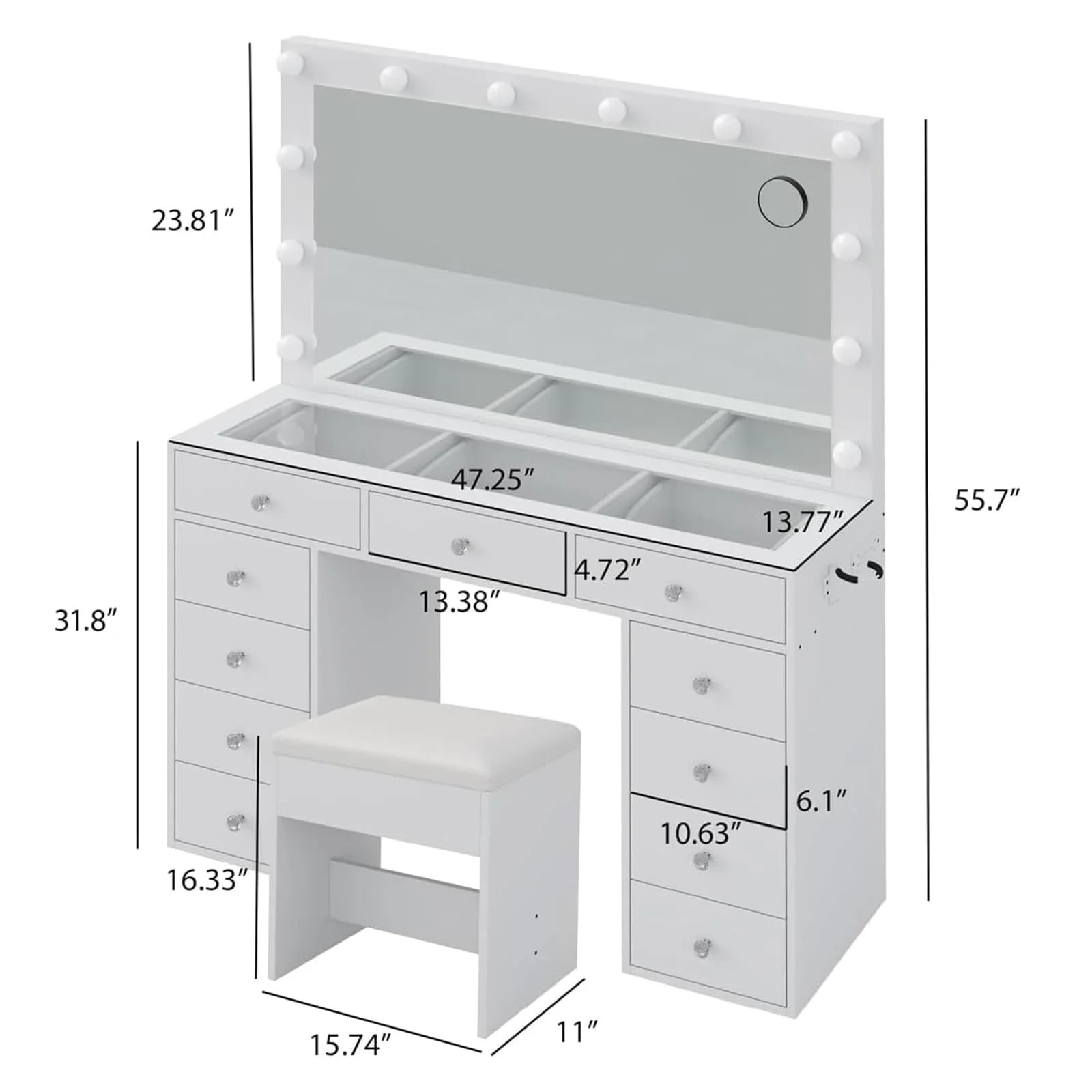 White Vanity Desk with Illuminated Mirror & Power Outlet, 11 Drawers Vanity Table with Chair, Makeup Vanity with 12 LED Lights, Tempered Glass Top, Dressing Table for Bedroom,Dressing Room - Image 4