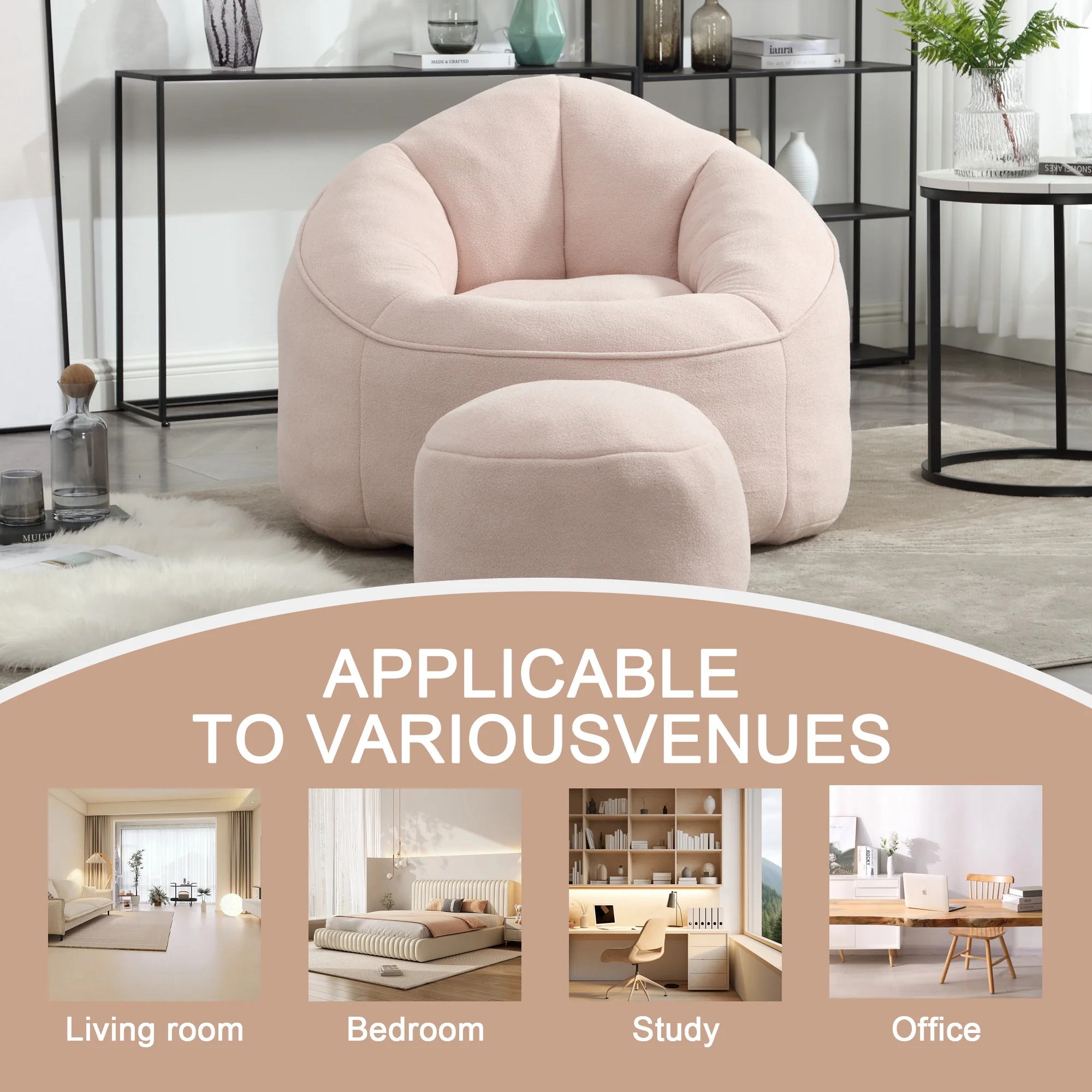MOONMISS Microfiber Upholstered High Pressure Foam Round Lazy Bean Bag Sofa Chair with Ottoman-Gray - Image 25