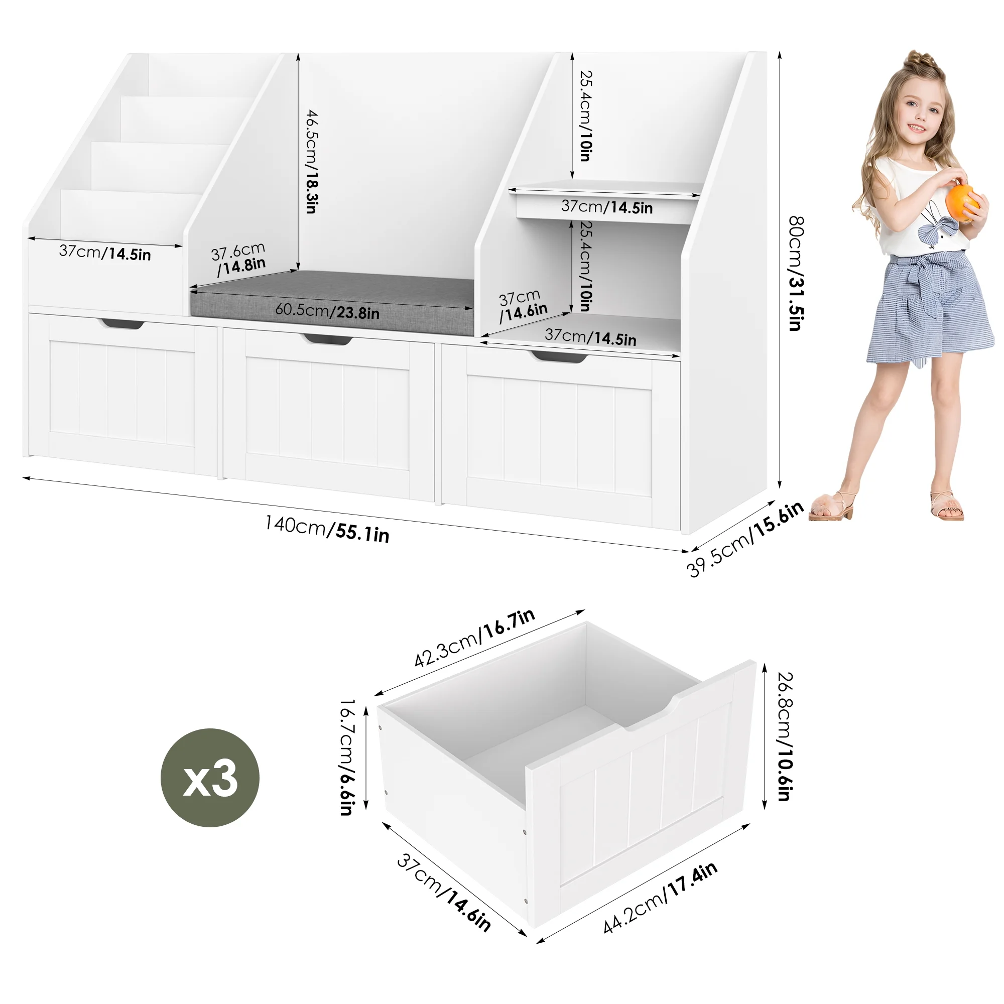 Homfa Kids Bookshelf with Reading Nook & 3 Movable Drawers, 2 Cube Bookcase with 4-Tier Book Racks, Toy Storage Organizer for Playroom Bedroom, White - Image 6