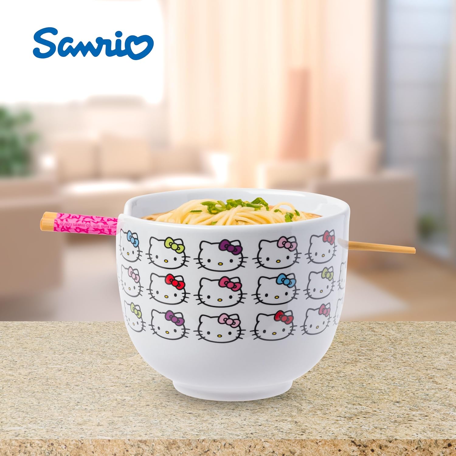 Silver Buffalo Sanrio Hello Kitty Face with Different Color Bows Pattern Ceramic Ramen Noodle Rice Bowl with Chopsticks, Microwave Safe, 20 Ounces