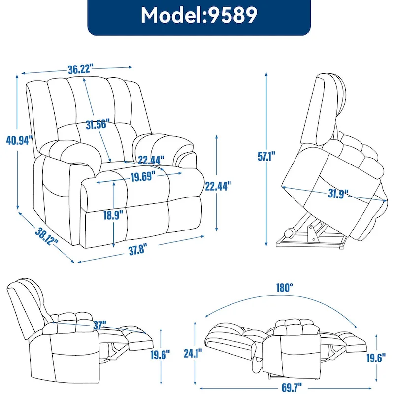 Grey Oversized Chenille Power Lift Recliner with Massage, Heating, and Flat Lay Feature