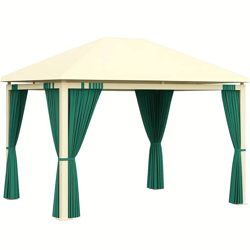 Pérgola con cortinas 3x3m beige con cortinas verdes estructura metálica para jardín - LHXovOx157SD