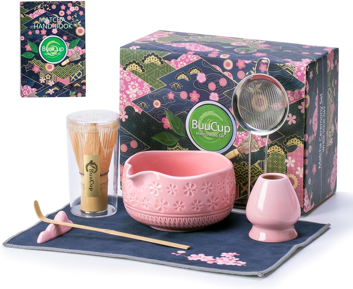 Buucup Matcha Whisk Set, Ceramic Matcha Kit Set Includes Matcha Bowl, Matcha Whisk and Holder, Bamboo Scoop, Scoop Rest, Sifter and Tea Towel - 7 Pcs Matcha Kit for Matcha Lovers (Mottled Green)