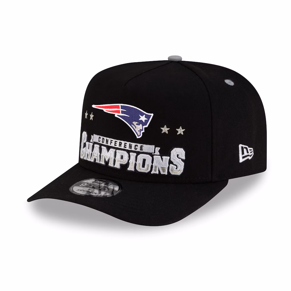 Front view of the black New England Patriots 2025 AFC Champions Snapback Hat featuring raised 