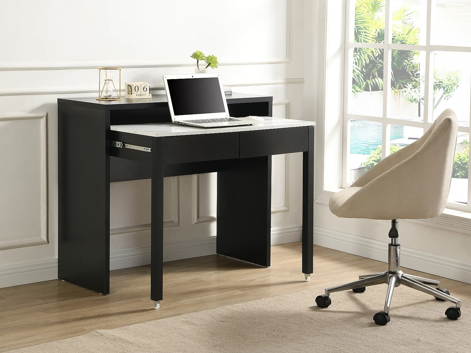 Escritorio consola extensible con 2 cajones - Negro y natural - LOAVIA