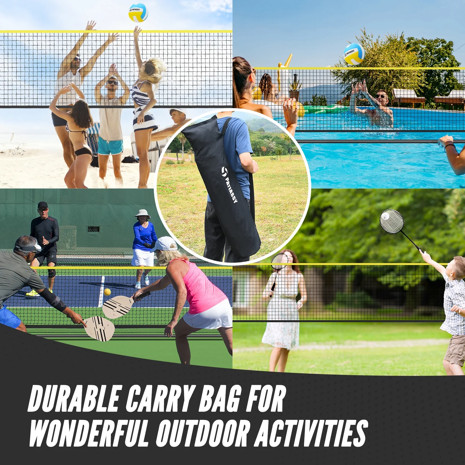Patiassy 5.1ft-7.4ft Adjustable Height Volleyball Badminton Pickleball Net Set with Poles, 4 Rackets, 3 Shuttlecocks, 4 Pickleball Paddles , and Volleyball - Image 2