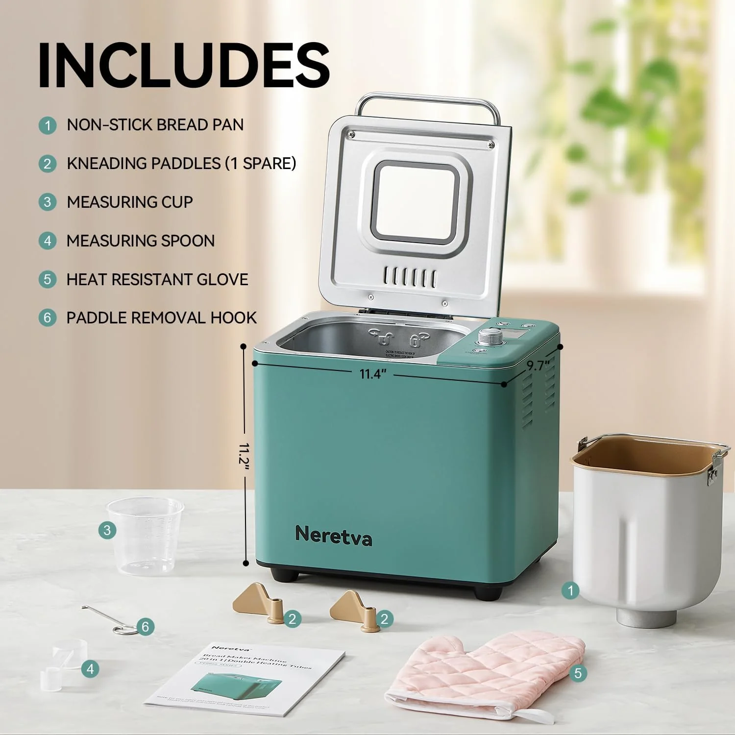 Neretva Bread Maker, 20-IN-1 2LB Bread Machine Dual Heater Bread Maker Machine Automatic with Nonstick Ceramic Pan, 15H Timer & 1H Keep Warm Set, Low Noise, Stainless Steel Breadmaker Recipe-Green