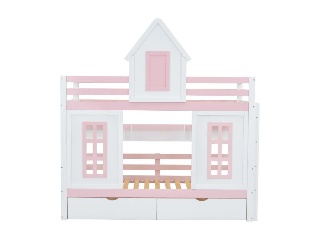 Litera 90x200cm- cama infantil con techo ventana 2 cajones estante abierto somier- Nidolux MDF rosa