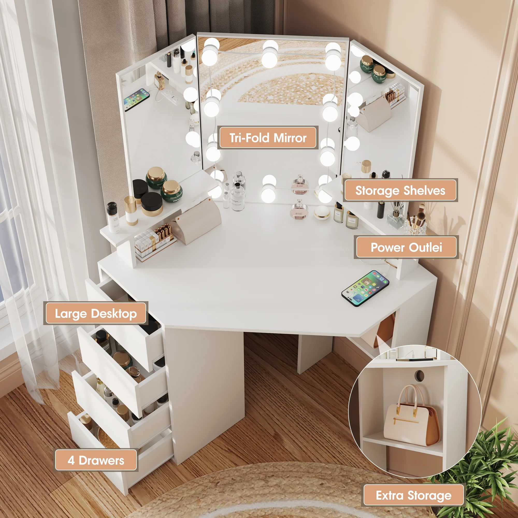 Veanerwood White Corner Vanity Desk with Mirror and Light,Makeup Table with 4 Drawers and Charging Station for Bedroom - Image 5