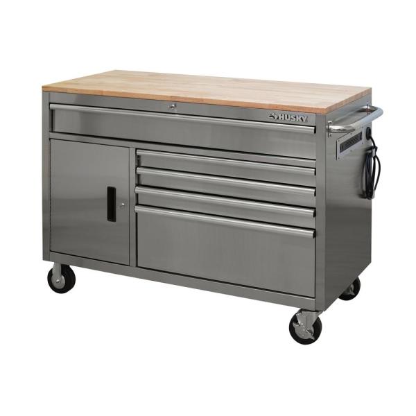 52 IN. W 5-DRAWER 1-DOOR, DEEP TOOL CHEST MOBILE WORKBENCH IN STAINLESS STEEL WITH HARDWOOD TOP