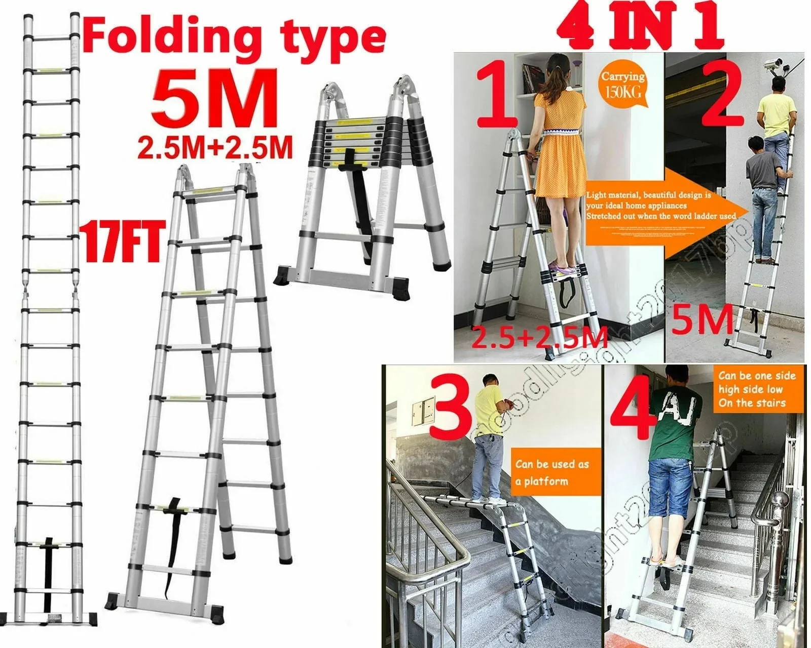 Bowoshen Telescopic Ladder 16.5 ft Aluminum 8 x 2 Steps 330 lb - Image 5 Bowoshen Telescopic Ladder 16.5 ft Aluminum 8 x 2 Steps 330 lb - Image 5