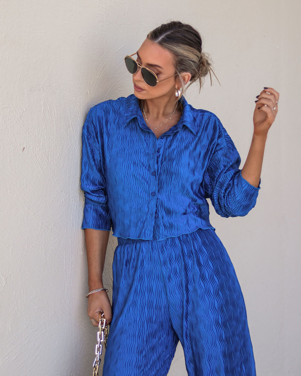Show Off Girl Satin Crinkle Button Up Top - Blue - Se7enfashion