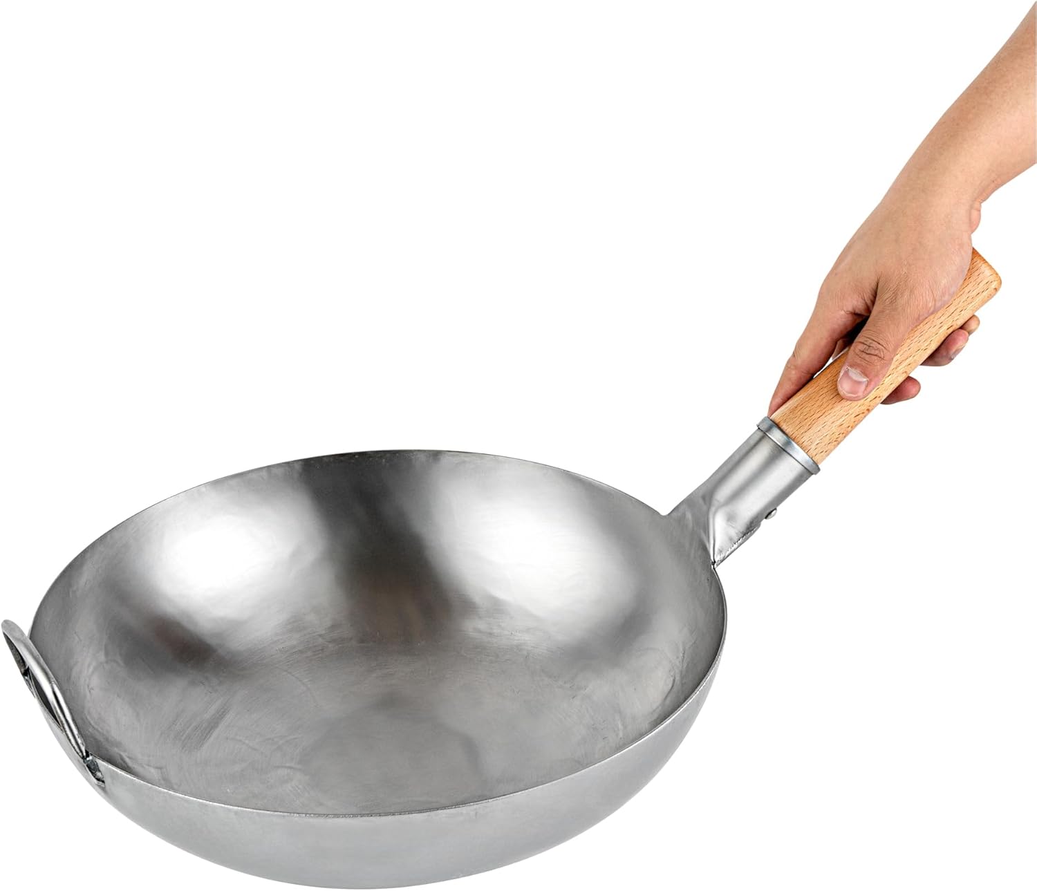 Restaurantware Carbon Steel Wok 1 Pack of 14 Inch Heavy-Duty Stir Fry Pan Silver Hand Hammered Wok Efficient Maneuvering Steel Helper Handle Uniform Heat Distribution Asian Cooking