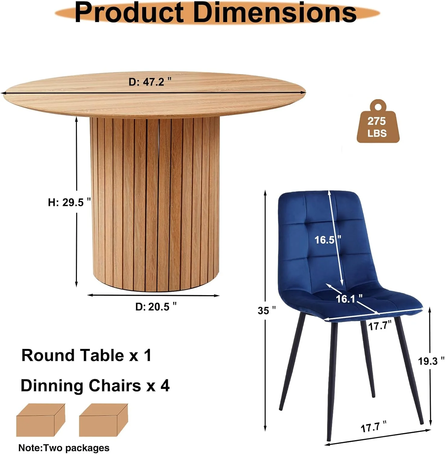 5 Piece Round Dining Table Set - Mid-Century 47 inch Oak Dining Table with 4 Brown Faux Leather Chairs Set, Dinner Table & Chair with Metal Legs for Kitchen Dining Room, Apartment, Bedroom - Image 25