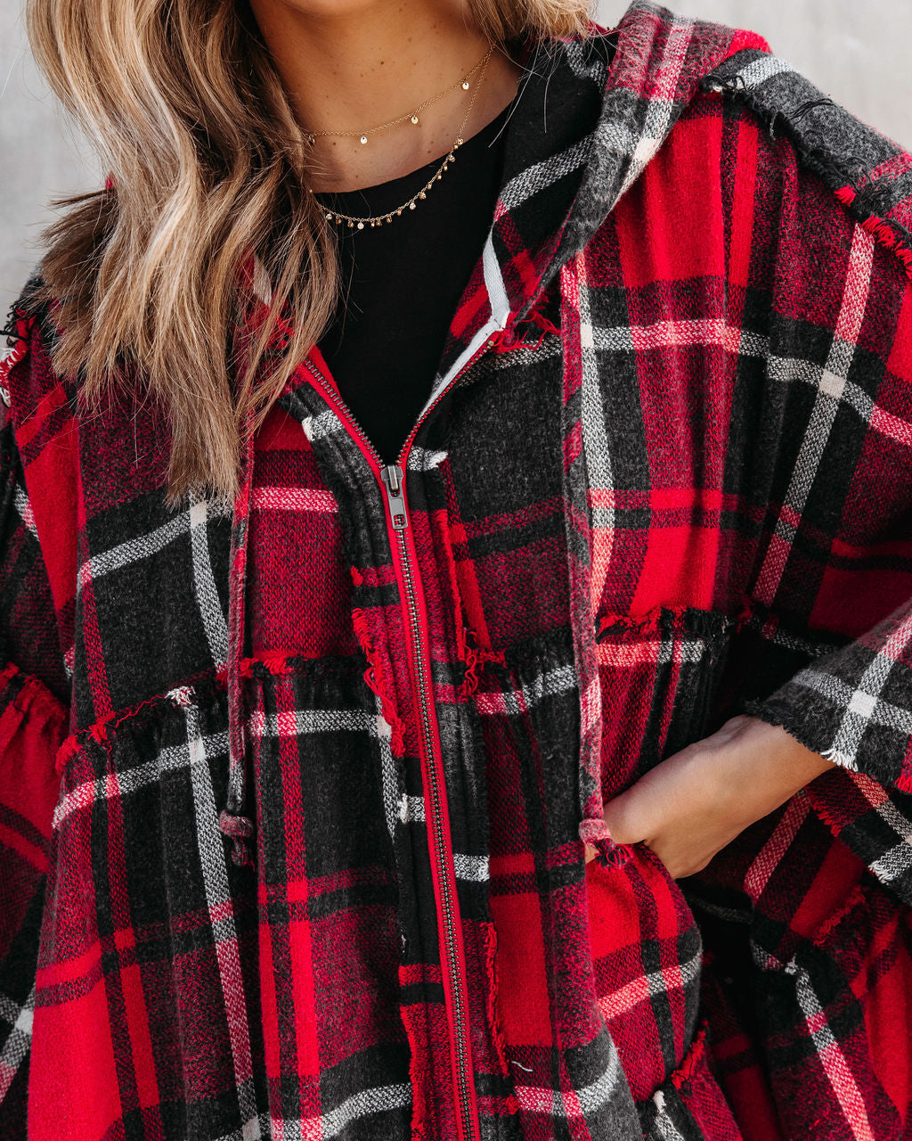 Pleasant Surprise Plaid Hooded Jacket - Red - Se7enfashion