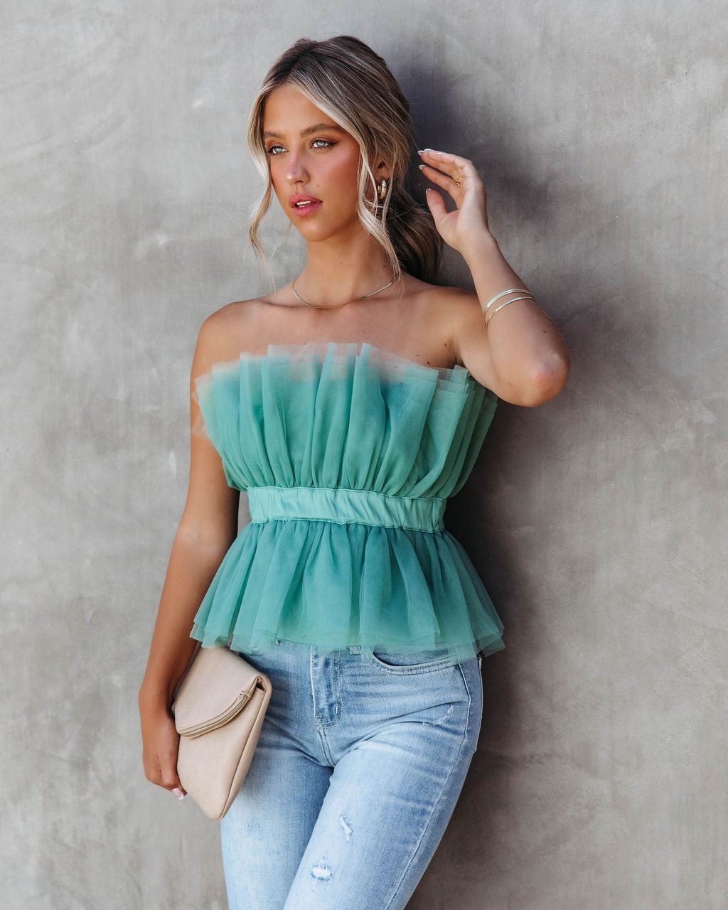 Bradshaw Moment Strapless Tulle Top - Sage - Se7enfashion