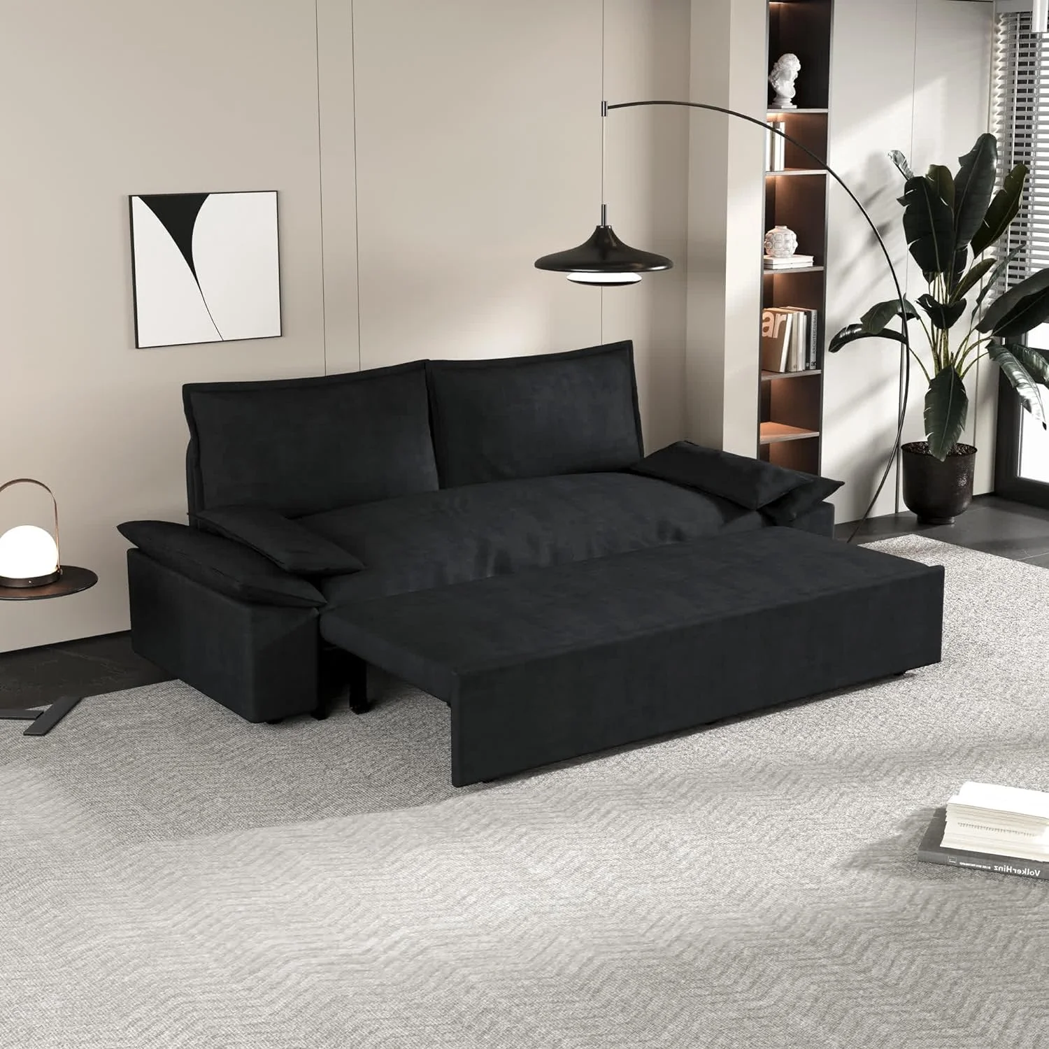 Tabaray 63.8" Futon Sofa Bed Queen Size, Pull Out Bed, 3-in-1 Convertible Sleeper Sofa with Side Pocket, Modern Plush Velvet Futon Couch for Living Room, Small Space, Apartment, Bedroom, Black - Image 55