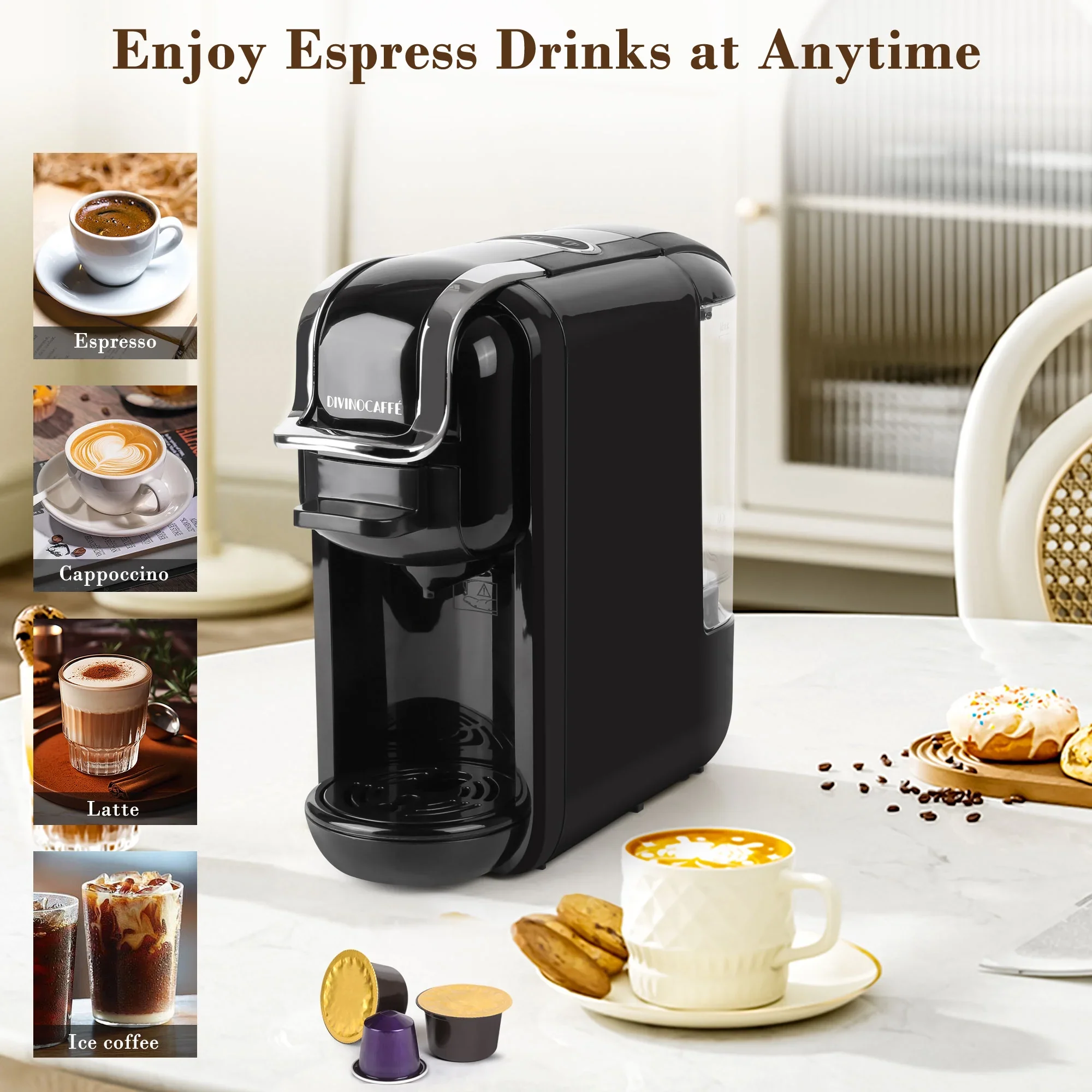 Espresso Maker for Nespresso Capsule, Lavazza Blue Capsule & Coffee Powder, 19 Bar Pump Pressure Makes Authentic Espresso Coffee, Mini Espresso Coffee Machines with Removable Water Tank.