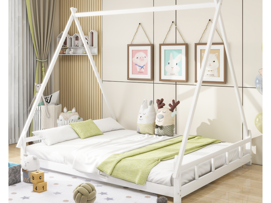 Cama tipi 140 x 200 cm - cama individual - madera maciza - somier incluido - color: blanco