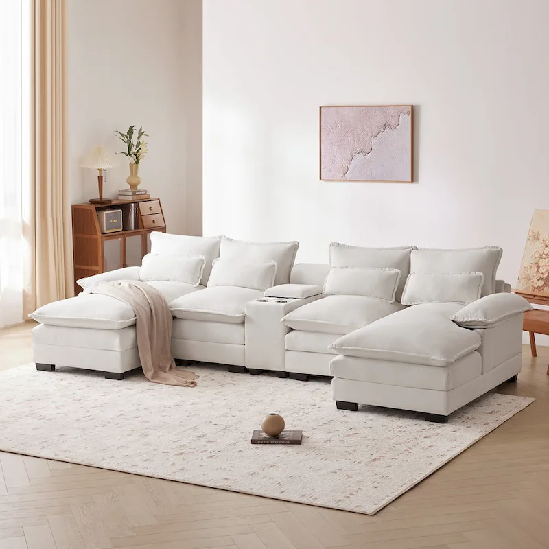 123*55 Contemporary U-Shaped Sofa with Console, Cup Holders, USB Ports, Upholstered Sleeper Couch Set with Chaise