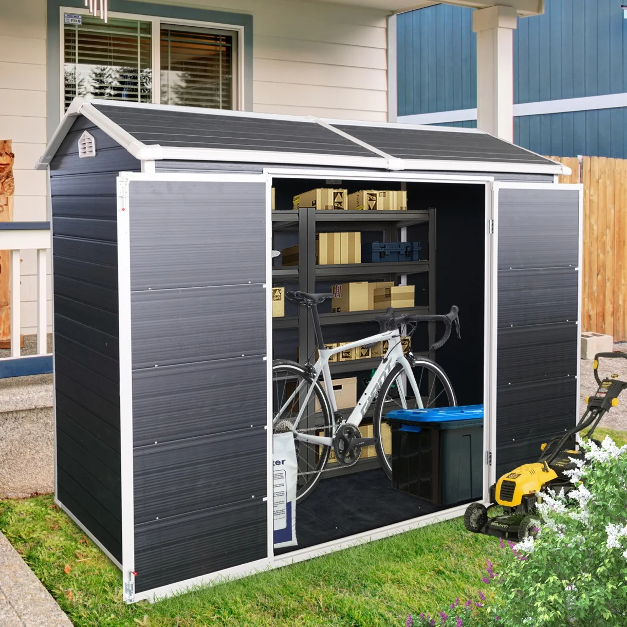 8x4 FT Outdoor Storage Shed with Floor, Resin Garden Sheds with Lockable Door, Vents & Windows, Weather Resistant Tool Shed with Sloped Roof for Backyard Patio, Grey - Image 12