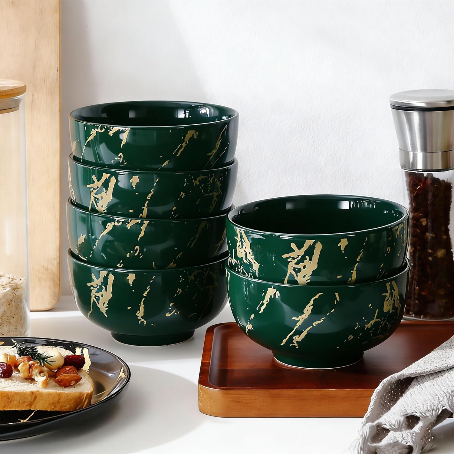 6-Piece Green and Gold Marble Ceramic Bowls, 20 oz – Bohemian Soup & Cereal Bowl Set, Dishwasher & Microwave Safe, for Ramen, Pasta, Salad, Dessert