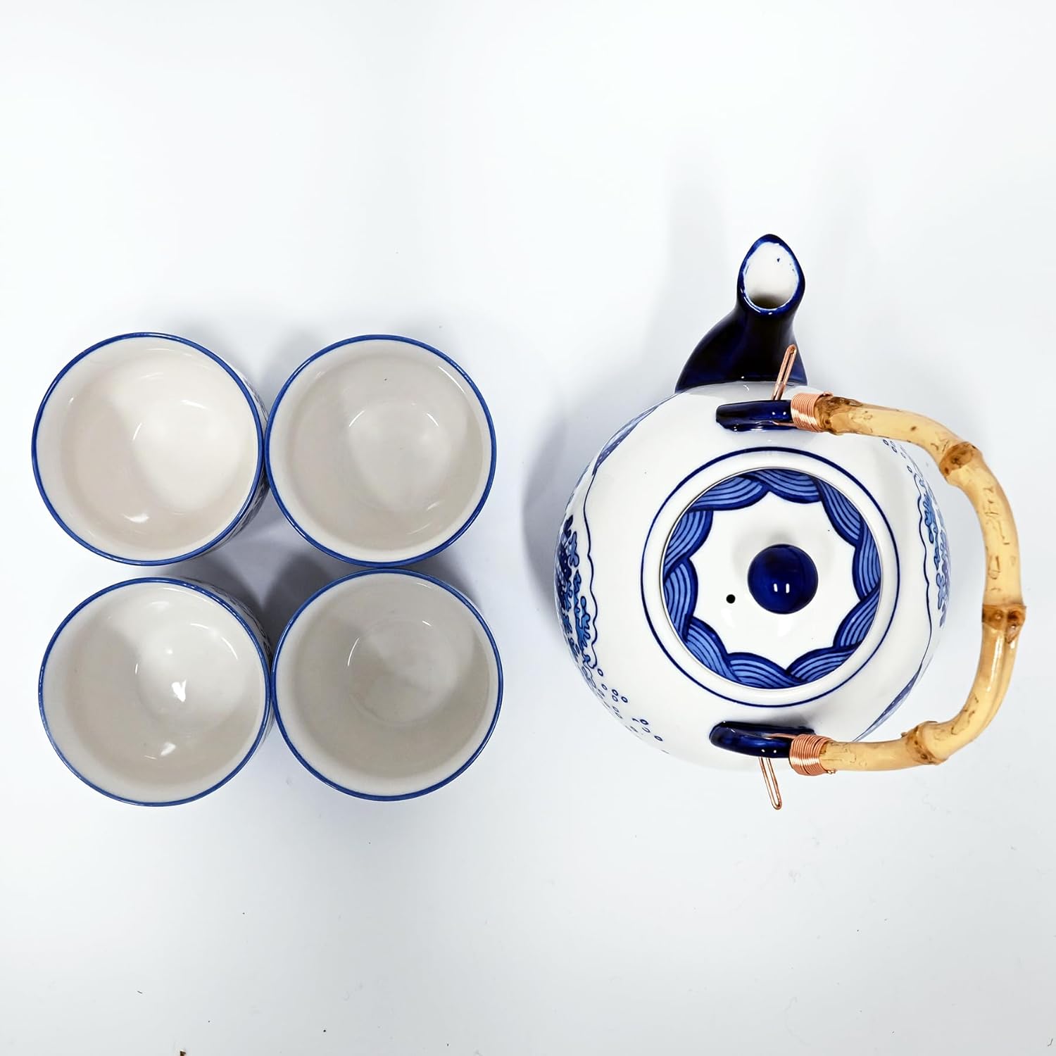 Urban Tokyo Hokusai Inspired Great Wave Porcelain Tea Set with Bamboo Handle, 30 oz Teapot with 4 Cups, Blue and White, Gift Box