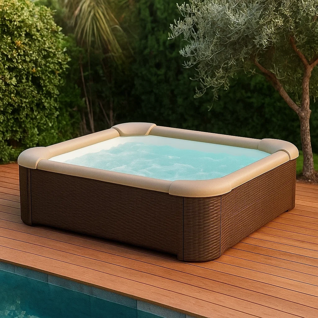 Spa semirrígido cuadrado,para 4 personas,paneles rígidos de PVC,color marrón/beige,spa 180x180x65 cm - y0dHcbrDHAMR