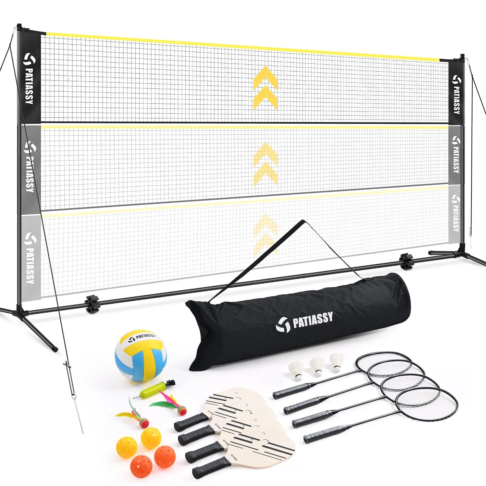 Patiassy 5.1ft-7.4ft Adjustable Height Volleyball Badminton Pickleball Net Set with Poles, 4 Rackets, 3 Shuttlecocks, 4 Pickleball Paddles , and Volleyball - Image 4