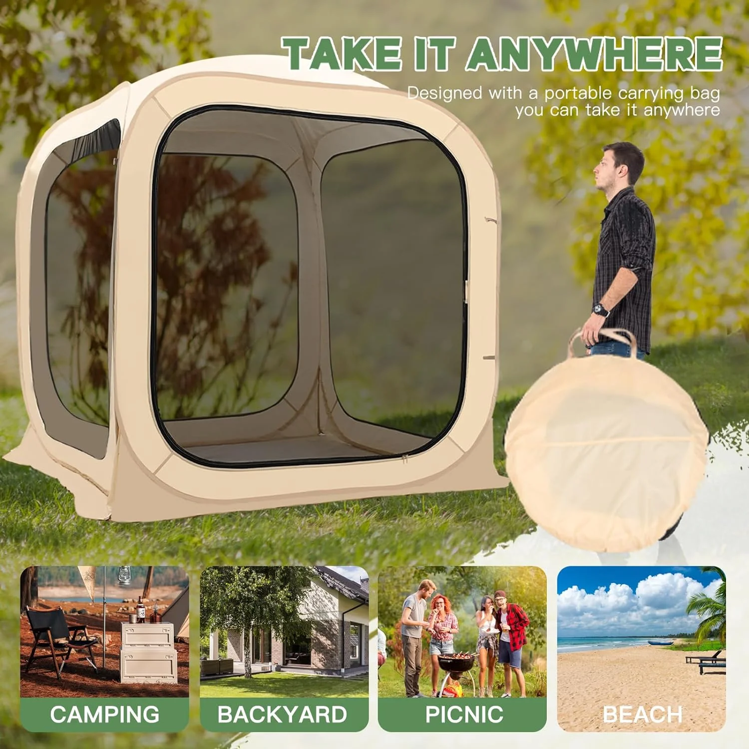 FICISOG Sports Tent Pop up Weather Pod Outdoor Screen House Pod Tent Shelter for up to 6 People, 71in Large Instant Weatherproof Pop up Tent with Clear View for Camping - Image 5