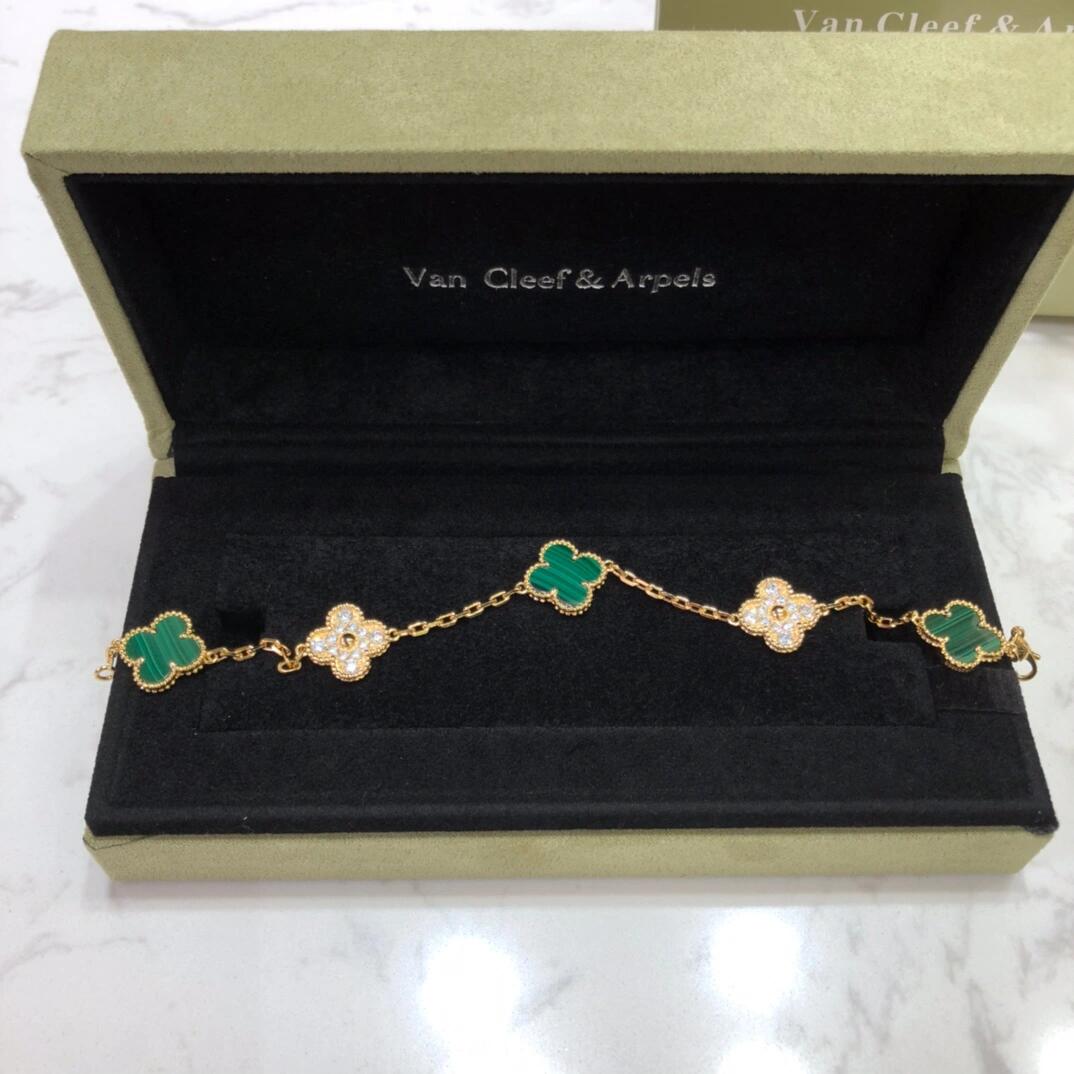 VCA Diamond and Malachite Vintage Alhambra Bracelet in Gol-tone, 5 Motifs - Original Replica Club