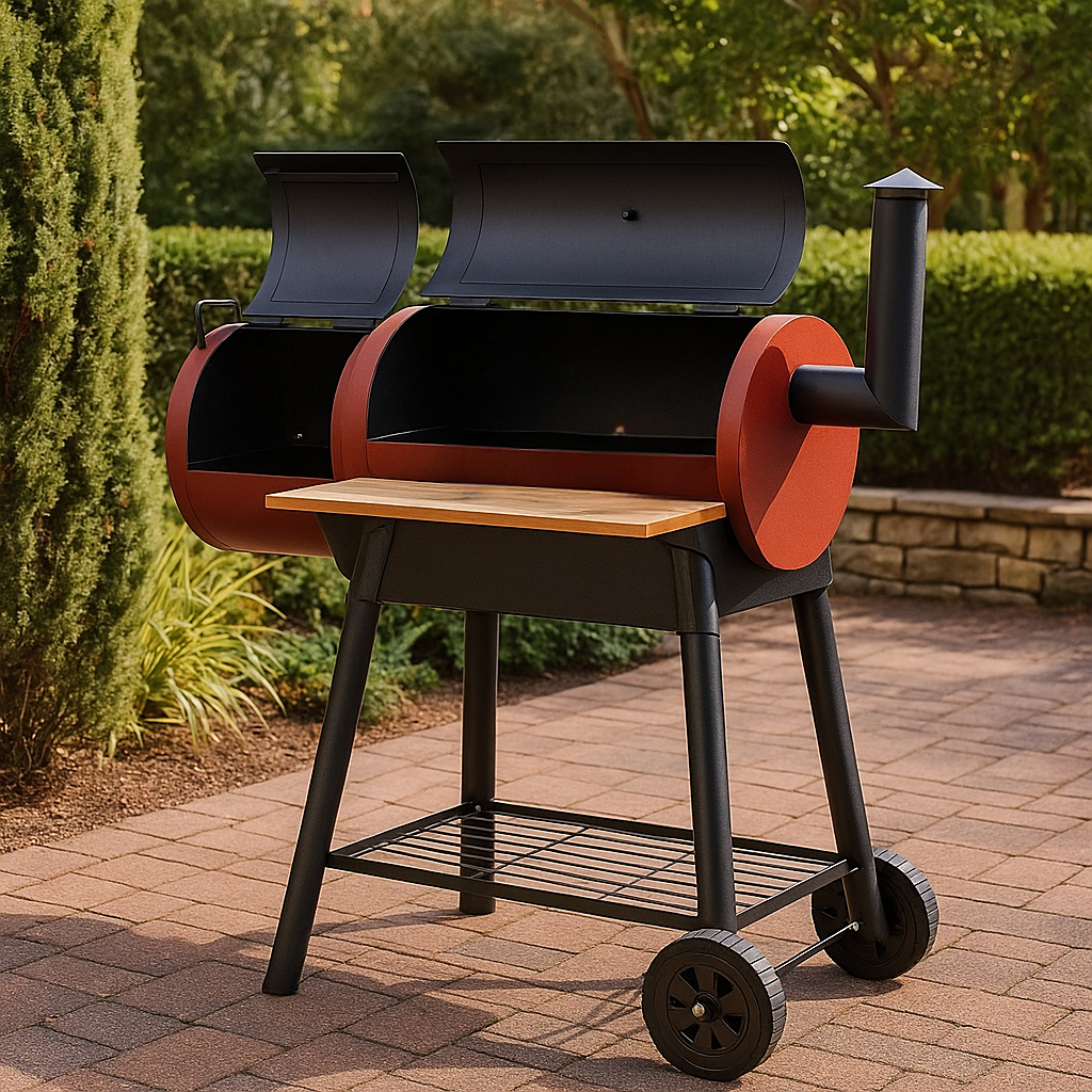 Parrilla de barbacoa, 2 quemadores, color rojo y negro.