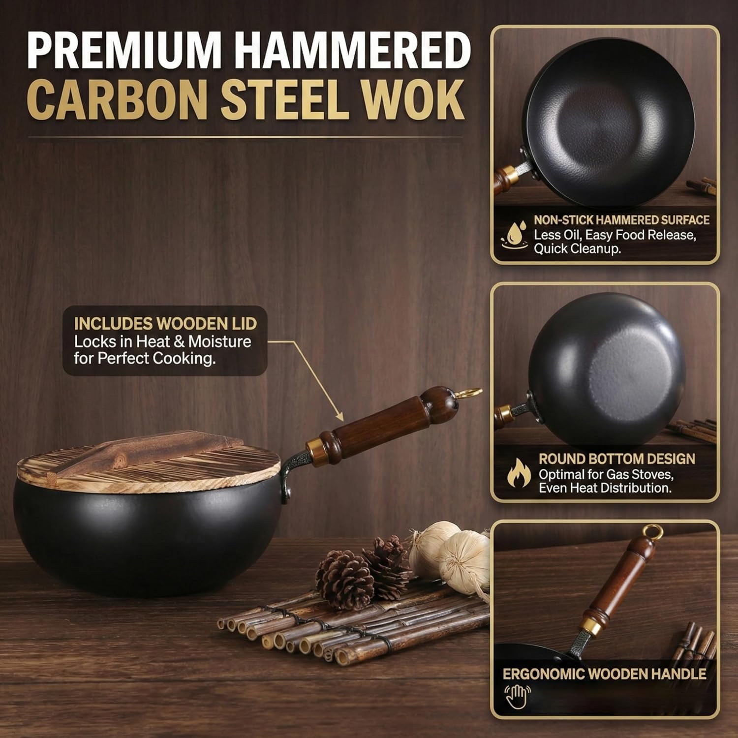 Japanese Cast Iron Wok Pan - Uncoated Healthy Cooking Pot with Lid, Japanese Cast Iron Pot, Hand-Hammered Uncoated Healthy Non Stick Frying Pans Made in Japan (Hand-Hammered + Wood Lid, 9.5'')