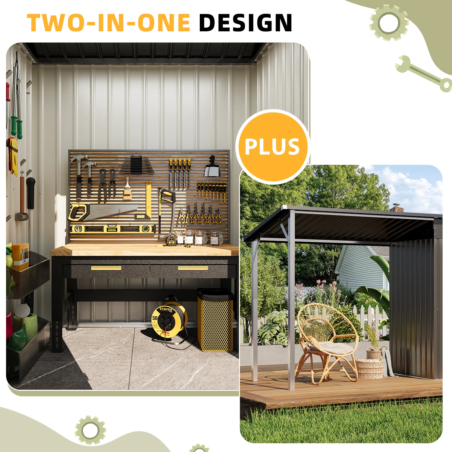 YODOLLA Outdoor Open-Sided Storage Shed, 3x5 Sheds & Outdoor Storage with 15 Sq. Ft Covered, 5x3 Small 2-in-1 Tool Shed with Attached Hardtop Metal Pergola Gazebo - Image 7