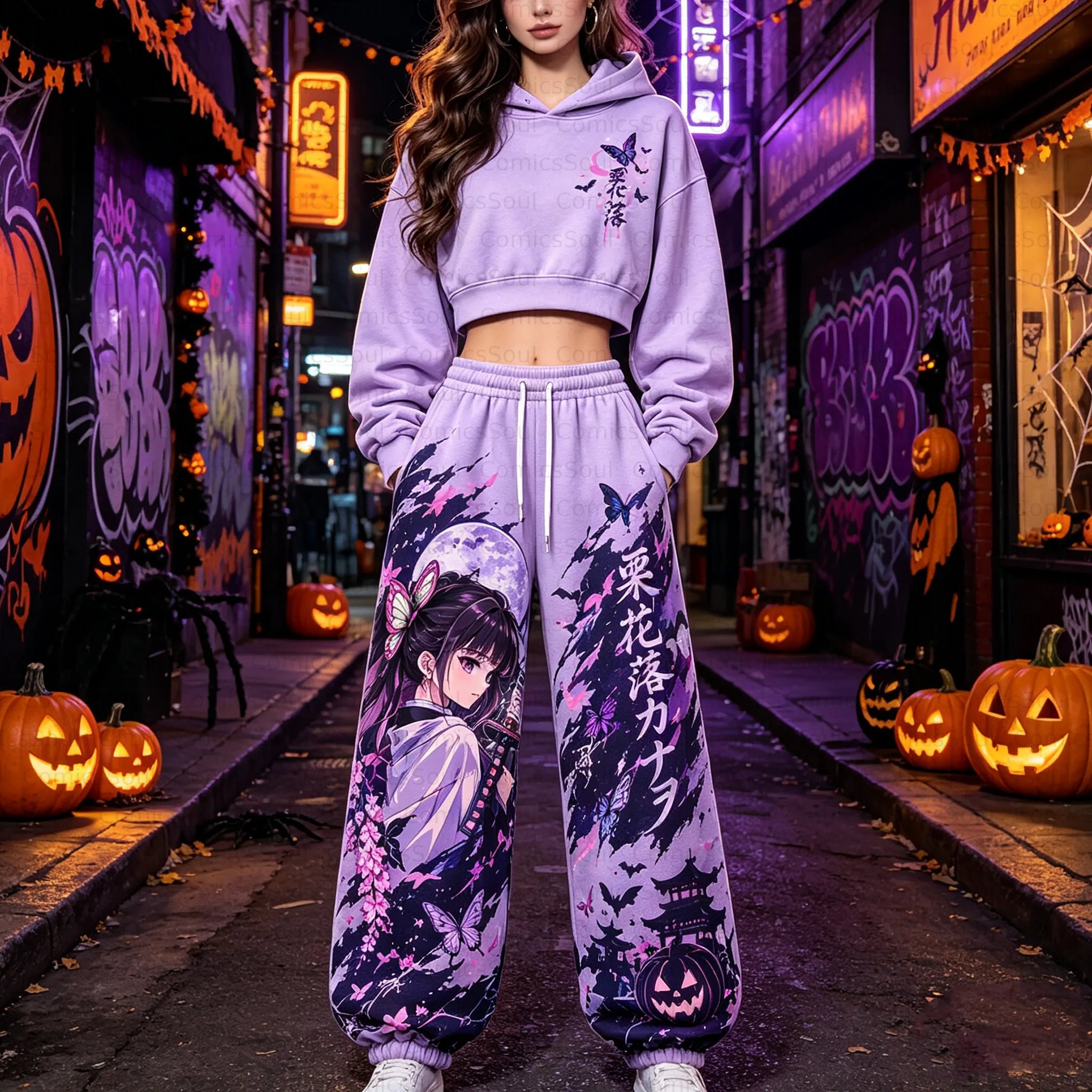 Demon Slayer Cropped Long Sleeve Hoodie & High Waist Jogger Pants Two Piece TeeThreads Sustain the Scene with Custom Apparel
