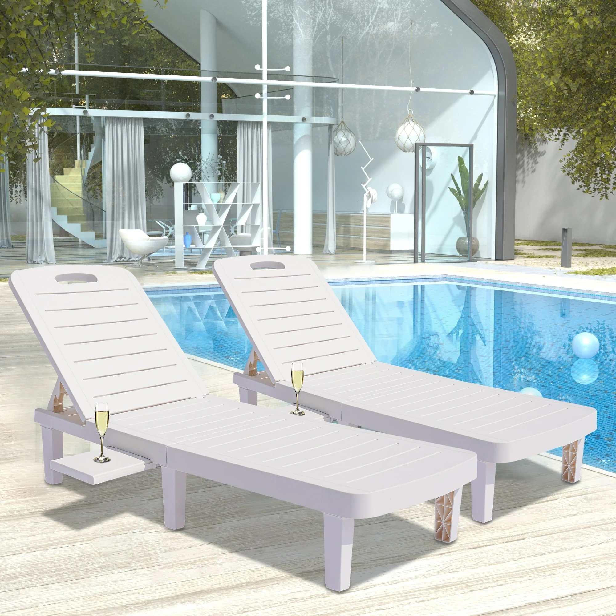 Patio Lounge Chair Set of 2, Adjustable Chaise with Side Table, Outdoor Lounger Recliner for Poolside, Patio, Backyard, Wood Texture Design | Waterproof | Easy to Assemble | Max Weight 330 lbs White - Image 3