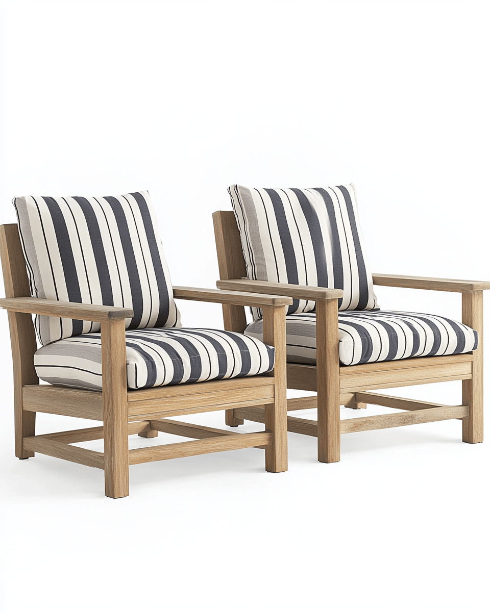 Sillón de exterior con cojines (×2) – estructura de madera maciza y rayas azul marino – estilo náutico clásico