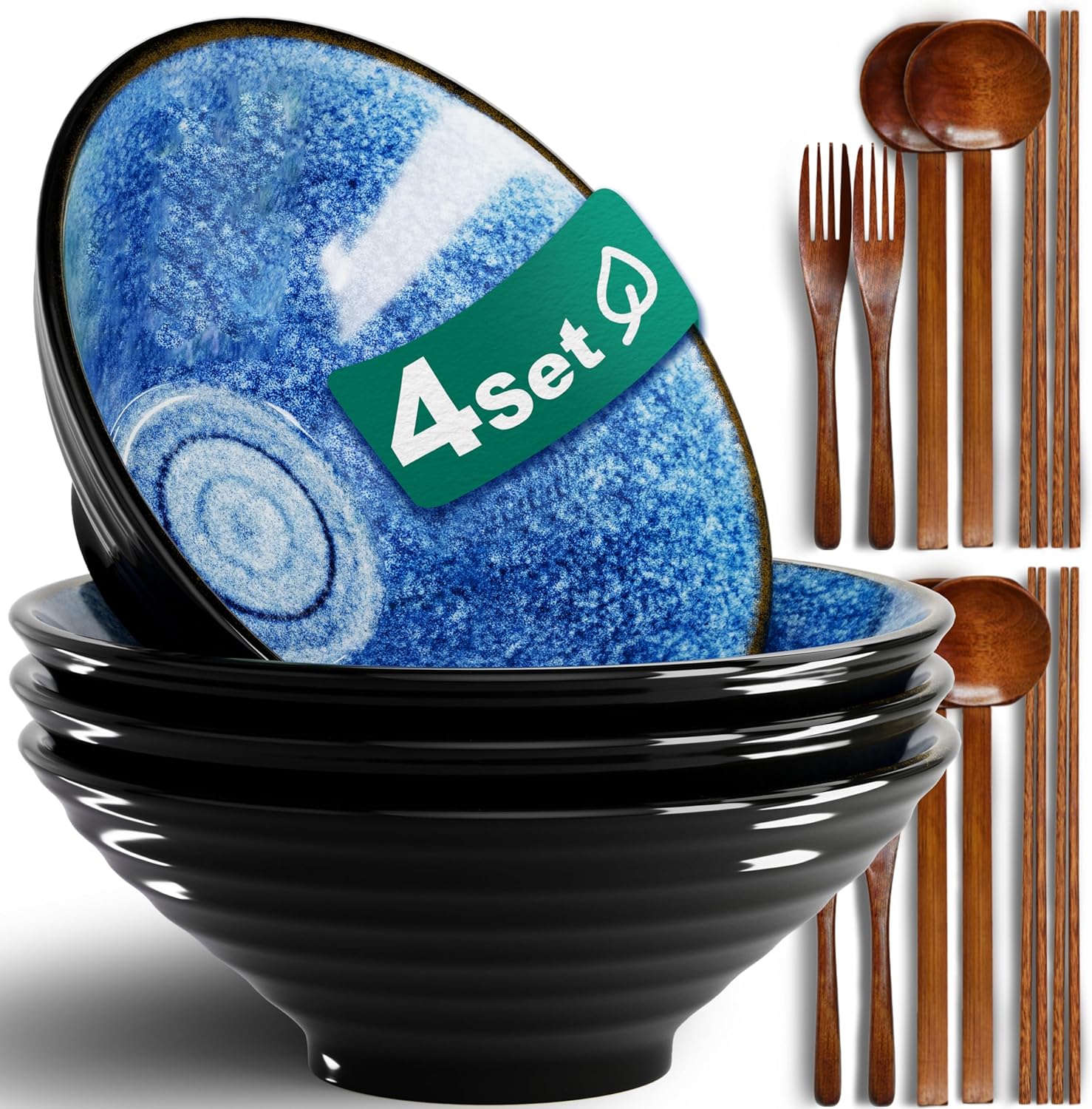 8-Inch 2 Sets Ceramic Ramen Bowl (8 Piece) - Japanese Porcelain Dishwasher Microwave Safe Salad Noodles Cereal Pasta Soup Large Bowls with Chopsticks Forks Spoons for Men Women Housewarming Gift