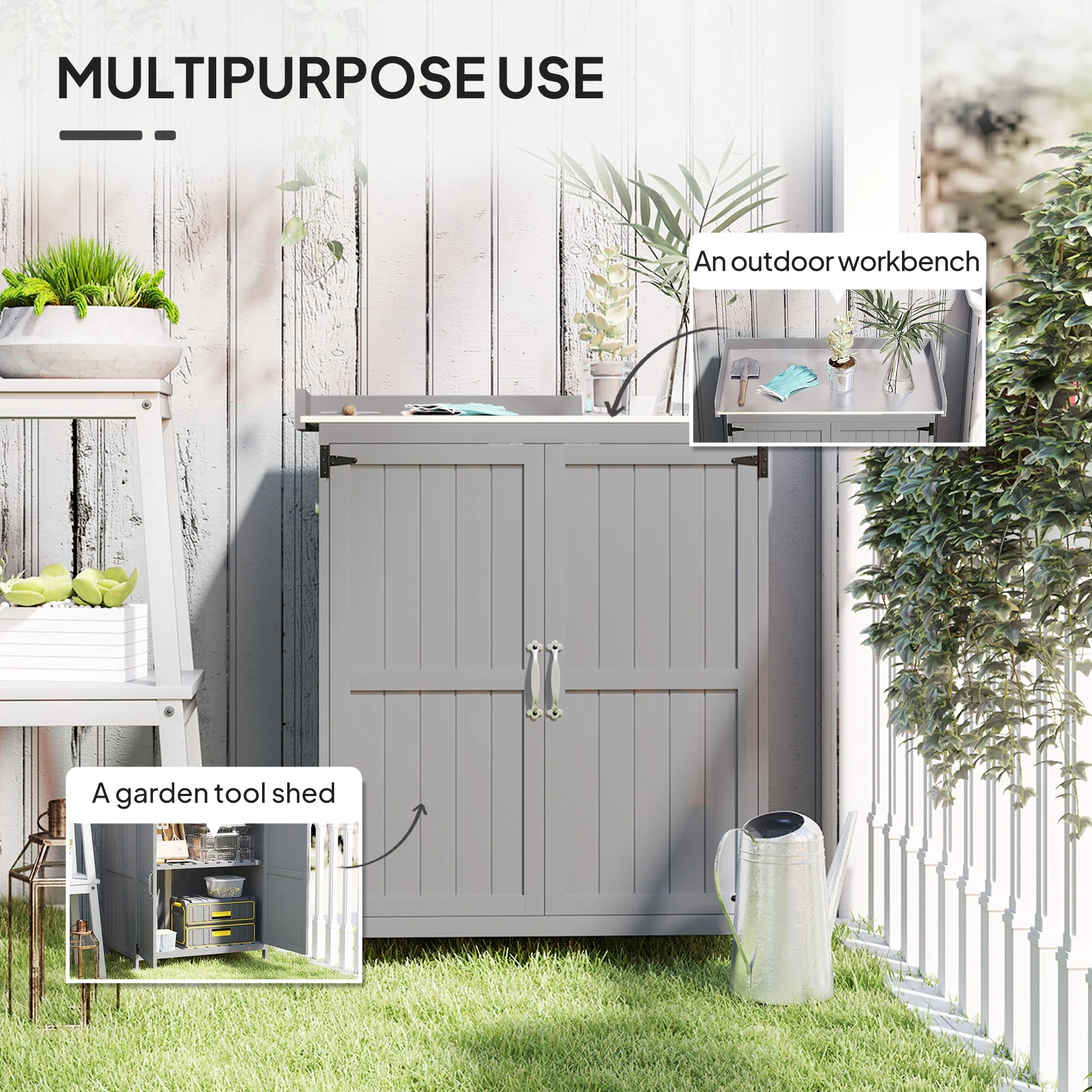 Outsunny Outdoor Garden Shed, Wooden Backyard Shed with Metal Tabletop, Shelf and 2 Doors for Patio, Lawn, Gray - Image 4