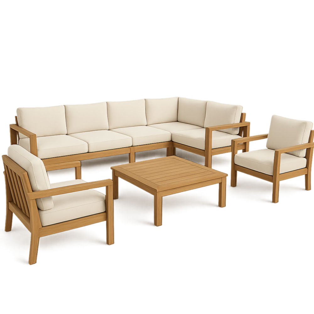 Sofá Esquinero Beige con 2 Sillones, Mesa y Cojines - Dimensiones: Sofá 250x180x75 cm, Mesa 80x80x35 cm